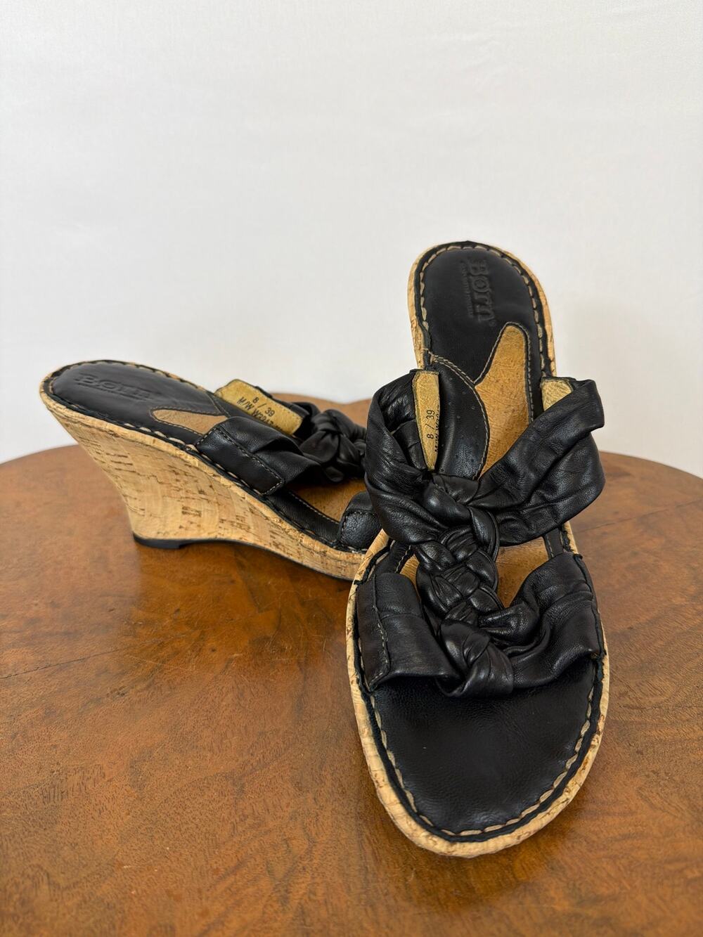 Born Black Leather Braid Detail Cork Wedge Sandals Size 39